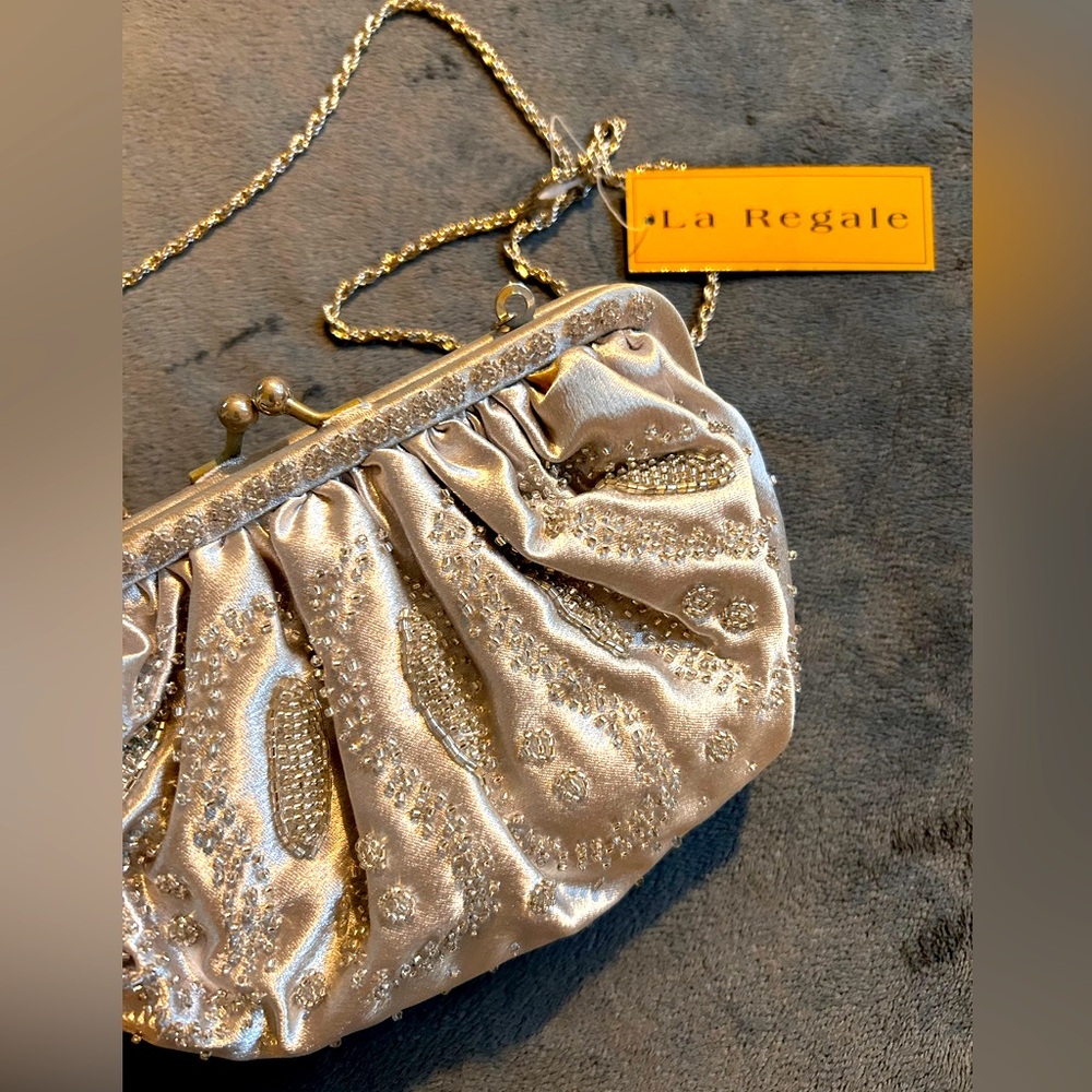 New Silver Beaded La Regale Satin Handbag